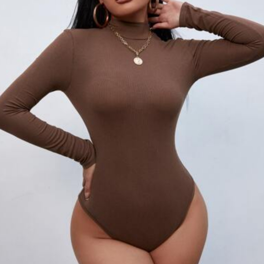 Brown Ribbed Knit Long Sleeve Mock Neck Bodysuit, Sz XL